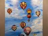 painting of a group of hot air balloons flying in the sky