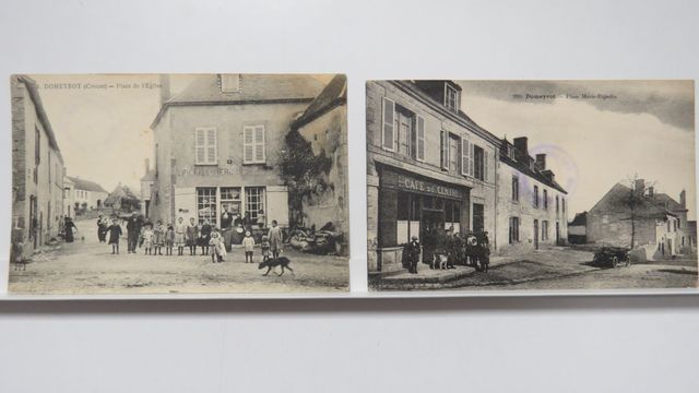 Domeyrot : Lot de 2cpa : Place de l’Église (cachet filigrane, sin...