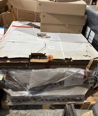a pile of boxes sitting on a pallet in a warehouse