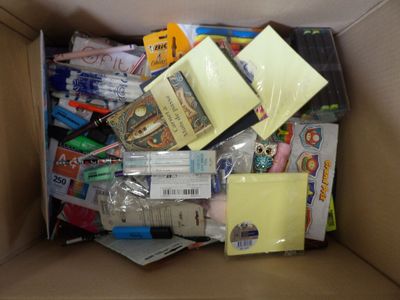 a cardboard box filled with lots of different items