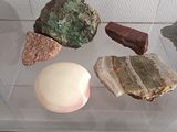 a display of rocks and stones in a glass case