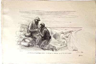 dessin représentant un homme et une femme assis sur un banc au bord de l'eau