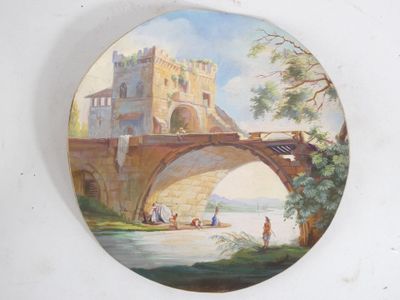 a picture of a painting of a bridge with a castle in the background
