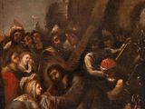 painting of a group of people standing around a man on a horse