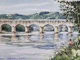 a watercolor painting of a bridge over a body of water