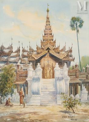 une peinture à l'huile représentant un bâtiment devant lequel se tient un homme