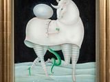 an oil painting of a white horse with a green snake in its mouth