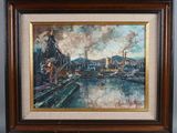an image of a painting of a city with a river in the foreground