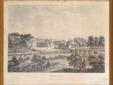 un vieux dessin représentant une vue de ville avec des bâtiments et des arbres