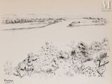 dessin représentant une rivière, avec des arbres au premier plan et des montagnes au loin
