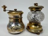 pair of antique brass and cut glass salt and pepper shakers