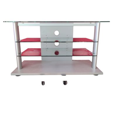 an image of a tv stand on wheels with a glass top