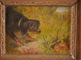 a painting of a dog and a cat in a field