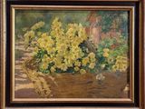 an oil painting of yellow flowers in a basket on a table