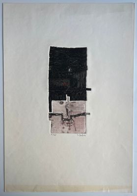 painting of a black and white picture of a building with a cross on it