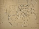 a drawing of a vase of flowers on a table