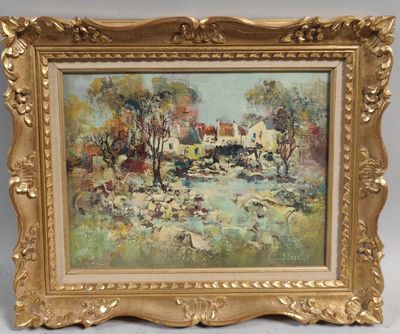 peinture à l'huile d'une scène de ferme dans un cadre doré