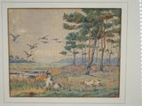 a picture of a picture of a dog and birds in a field