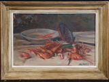 an oil painting of lobsters and a bowl on a table