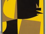 an image of a black and yellow painting on a white wall