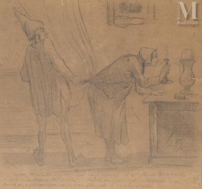 an old drawing of a man and a woman standing next to each other