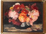 a painting of flowers in a vase on a table