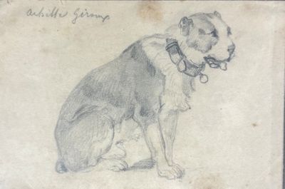an old drawing of a dog sitting on the ground with a collar around it ' s neck
