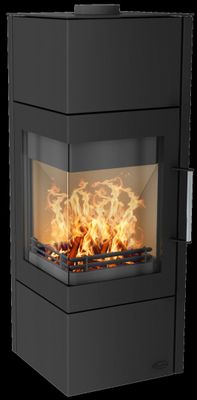 un poêle noir avec un feu à l'intérieur, sur un fond noir