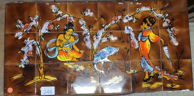 painting on the wall of a store with a woman and a bird