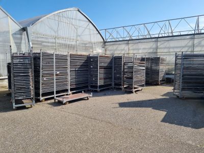 de nombreux présentoirs remplis de nourriture posés par terre devant un immeuble