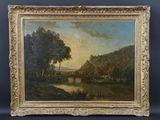un tableau représentant une scène fluviale avec un pont au premier plan