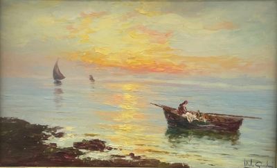 Italo GIORDANI (1882 - 1956) Pêcheur au mouillage sous un co…