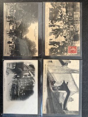 four old black and white photographs of people and a tank