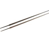 a pair of metal knitting needles on a white background