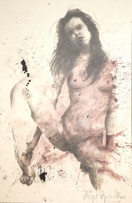 tableau représentant une femme nue avec un couteau et une bouteille de vin