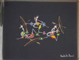 painting of a group of birds sitting on top of a black surface