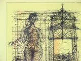 a drawing of a woman standing in front of a window