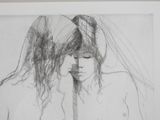 pencil drawing of a woman with a veil and a man with a sword