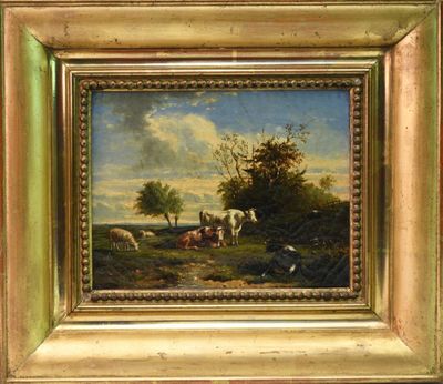tableau représentant des vaches paissant dans un pré, avec des arbres et des nuages en arrière-plan