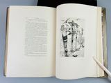 an open book with a drawing of a man and a woman holding umbrellas