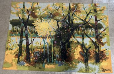 une photo d'un tableau représentant des arbres dans les bois