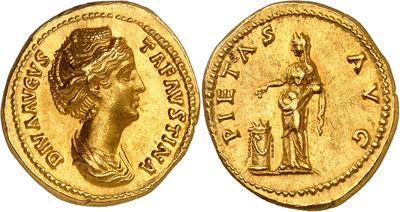 a gold coin with an image of a woman holding a sword