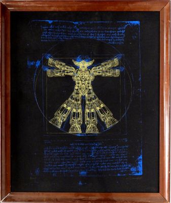 a framed blueprint of a man ' s body and arms in a wooden frame