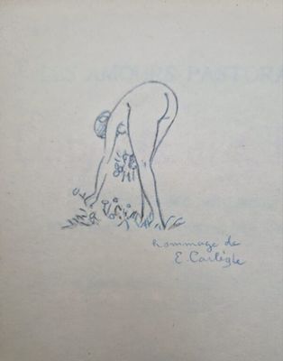 drawing of a woman bending over in the grass with her back to the camera