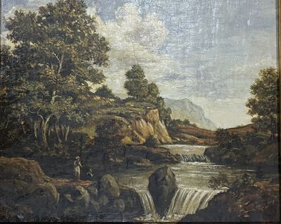 a painting of a man on a horse by a waterfall