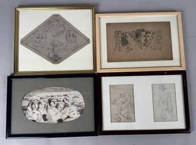 four framed pictures of people and a dog in a room