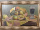 a painting of a bowl of apples and a glass of wine