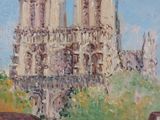 painting of a painting of a cathedral with a horse drawn carriage
