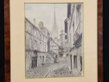 an image of a drawing of a street with buildings in the background