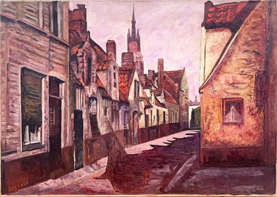 painting of a painting of a street with buildings and a clock tower in the background